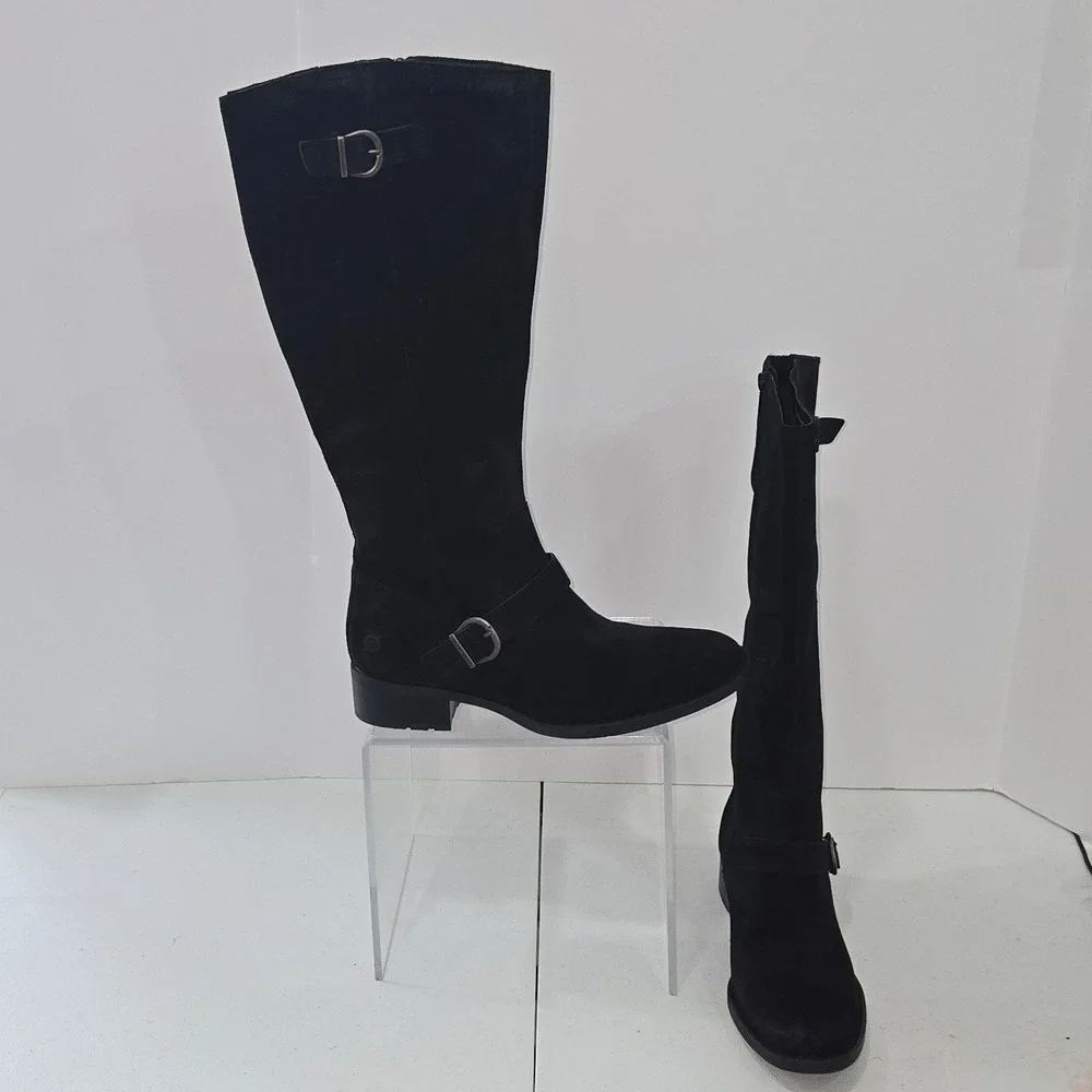 Born Sophia Black Suede Leather Tall Riding Boots Buckle Zip Womens 9.5M